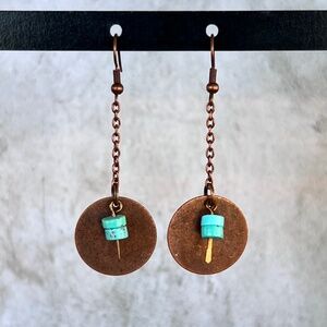 Copper Disc Turquoise Drop Earrings